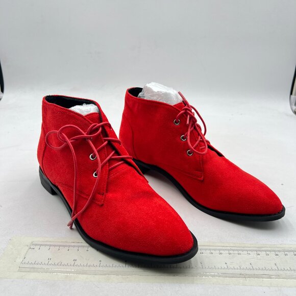 YDN Red Low Heel Pointy Toe Lace Up Chukka Ankle Boots Fall Winter Booties - Picture 4 of 8